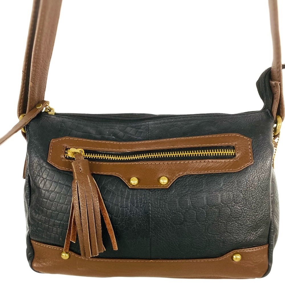 EUC Black/Brown 100%  Leather Cross Body Purse with Gold Hardware and Tassel